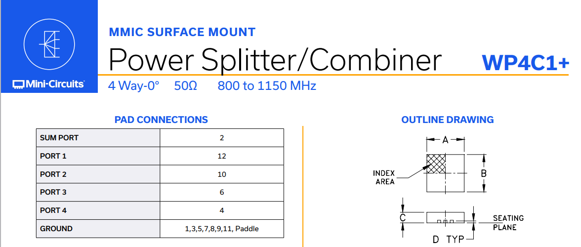WP4C1+ is a 4-way RF power splitter/combiner designed by Mini-Circuits