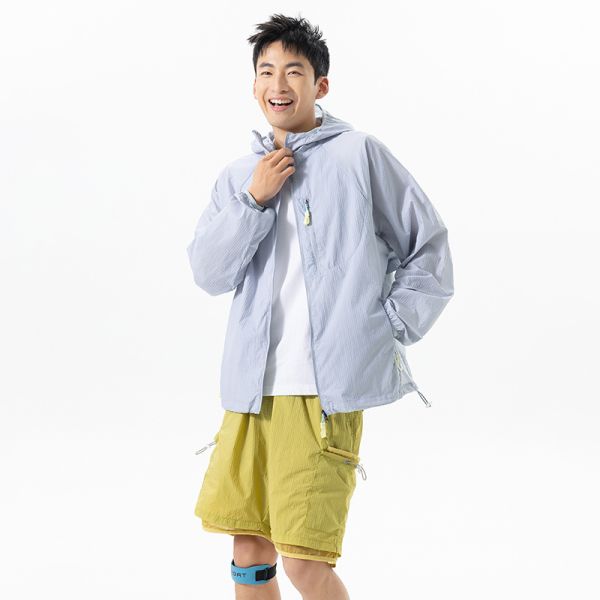 Men UPF50+ Sun Protection Jacket Cloud Weave Hidden Check Fabric Breathable Quick Dry Windproof Hooded Coat Outdoor Beach Surf Travel Lightweight Skin