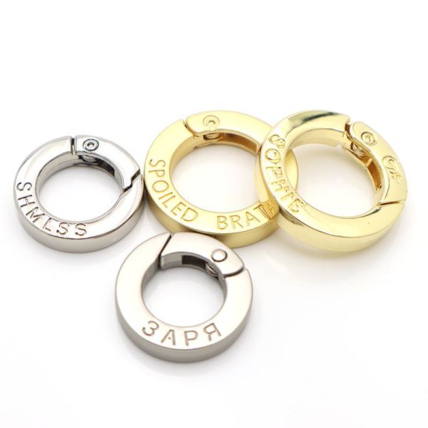 17mm Logo Engraved Round Spring Clasp Spring Openable Flat O Ring Carabiner for Kaychain