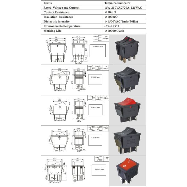 16A 250V 4 PIN Waterproof Lighted Rocker Switch