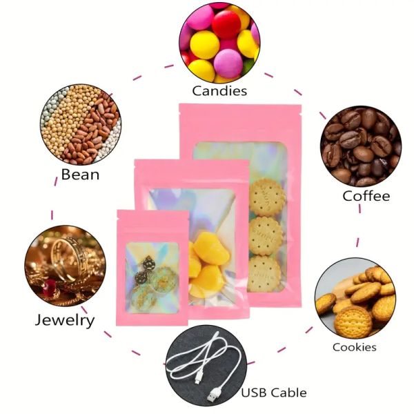 Custom Gravure Printing 3.5g Small Plastic Clear Silver Holographic Mylar Stand Style Reusable Food Packaging Zipper Pouch Bags