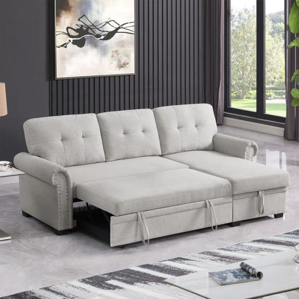 multi-function 2s with bed+chaise with storage light gray linen sofa set bed sofa bed for living room
