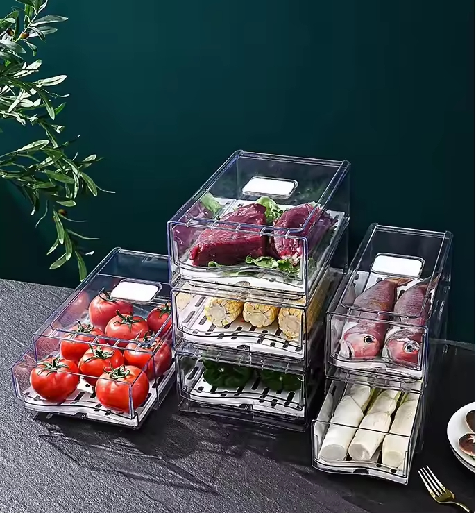 Practical Drawer Style Stackable Transparent Food Storage Container for Refrigerator Kitchen Pantry