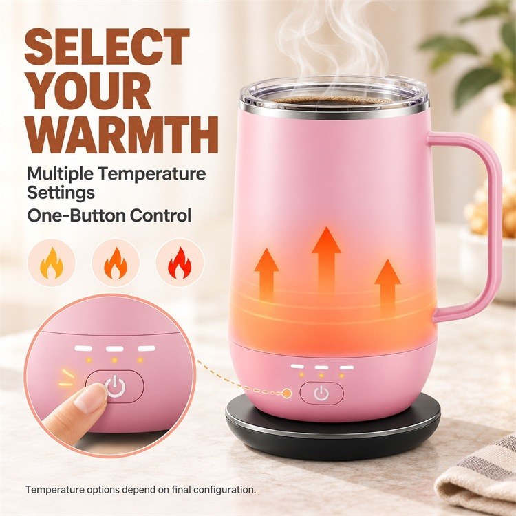 Wireless Charging Heated Mug, Multiple Temperature Settings with One-Button Control, Rechargeable Cordless Coffee Cup with Stainless Steel Liner,