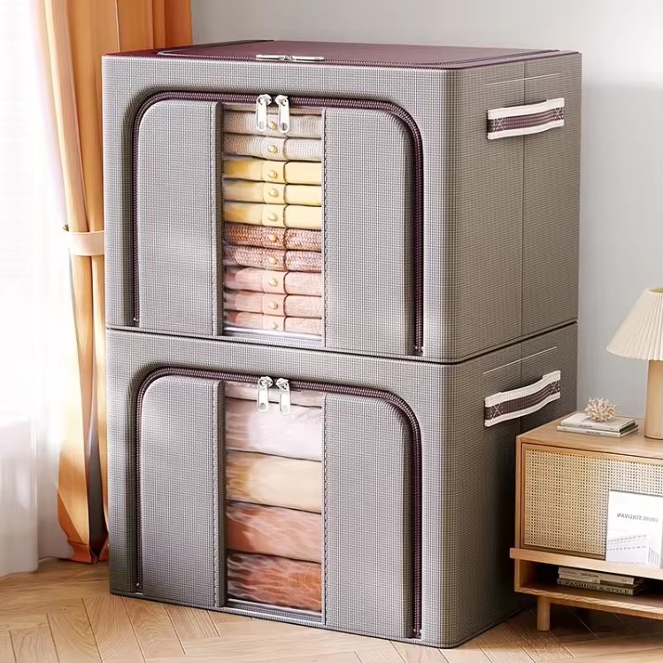 Wholesale Custom Large Capacity Foldable Bedding Storage Box Stackable Steel Frame Fabric Storage Box