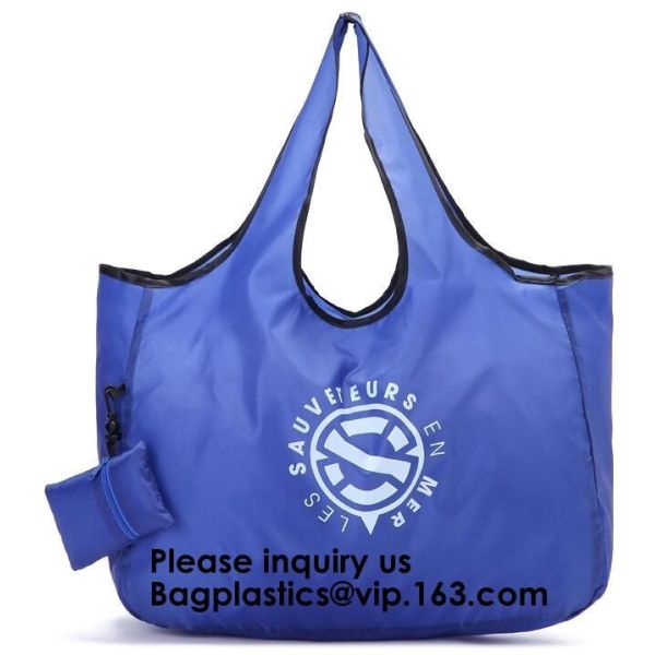 Printing Logo Polyester Handled Foldable Tote Bag With Snap Closure Foldable Bag Pocket Folding Nylon Shopping Bag