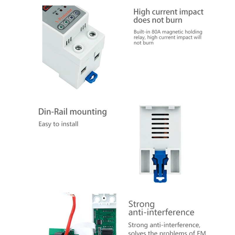 Adjustable 220V AC Single Phase 63A Voltage Protector LED Display Copper PC Material Din Rail Type 1s-90s Time Delay Recovery