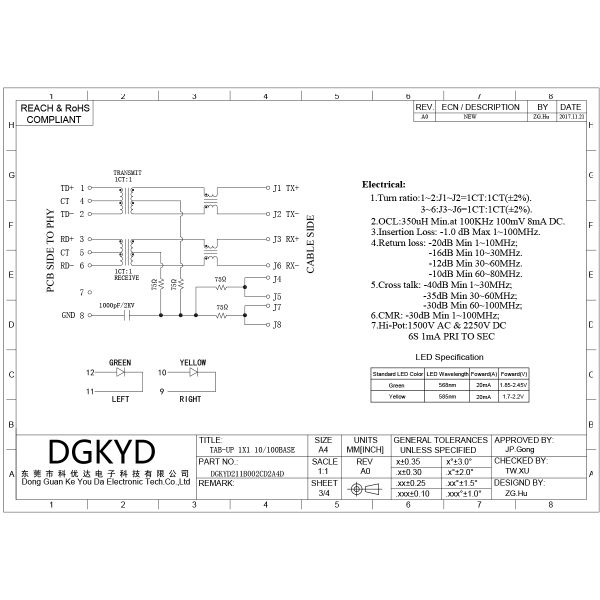 RJ45 connector crystal head Ethernet interface 100Mbps integrated transformer DGKYD211B002CD2A4D