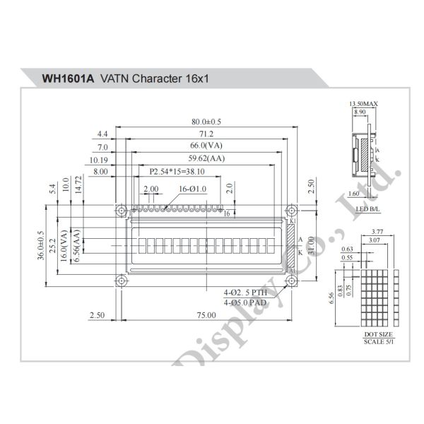 16*1 Character Monochrome SPI Interface Wide Temperature VATN LCD Module
