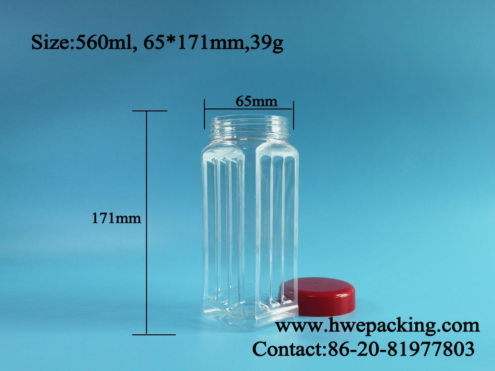 171mm Height PET Square Jar Bulk Nuts Cashews Scented Tea Dried Vegetable 560ml Plastic Cover