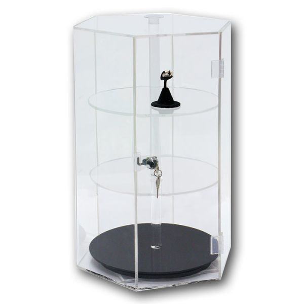 Hexagonal 3 Tiers Clear Turning Acrylic Watch Display Stand with Locking Case LED Light