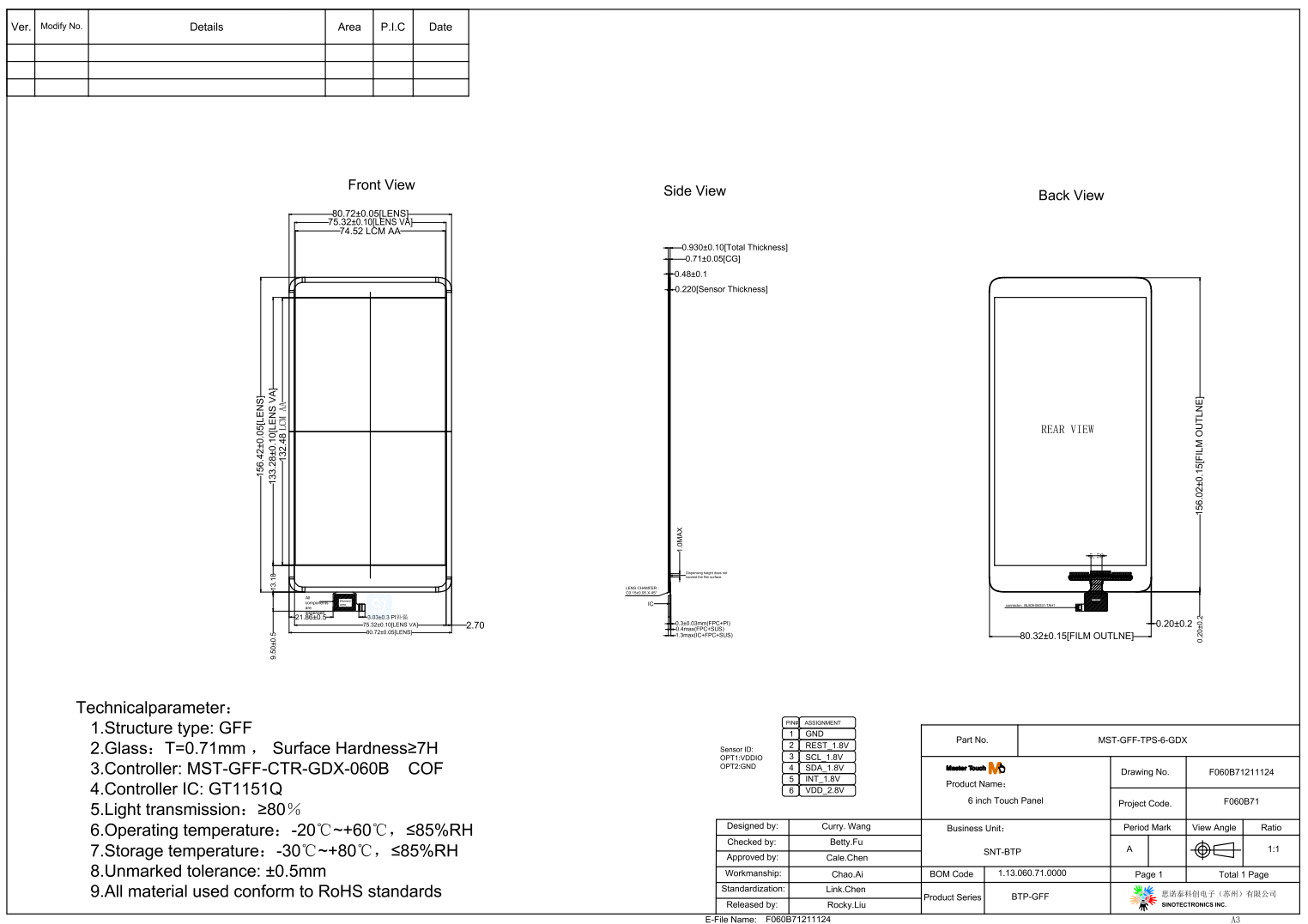 OEM ODM 3.3V PCAP 6 Inch GFF Touch Panel Coffee Machine Display
