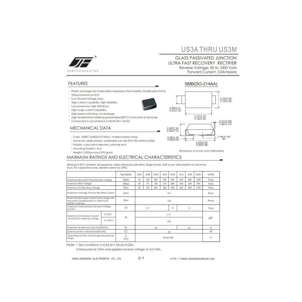 US3D Silicon Rectifier Diode with 3AMPS Glass Passivated Junction in DO-214AA Package