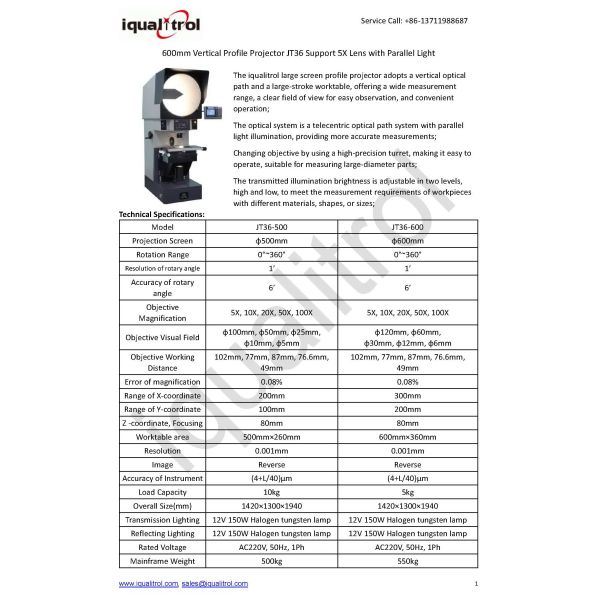 Large Work Stage φ600mm Vertical Profile Projector JT36 Support 5X Lens with Parallel Light