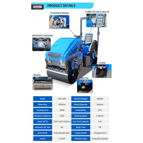 2ton Double Drum Roller Mini Road Roller Compactor Seated Vibratory Roller with Core Engine