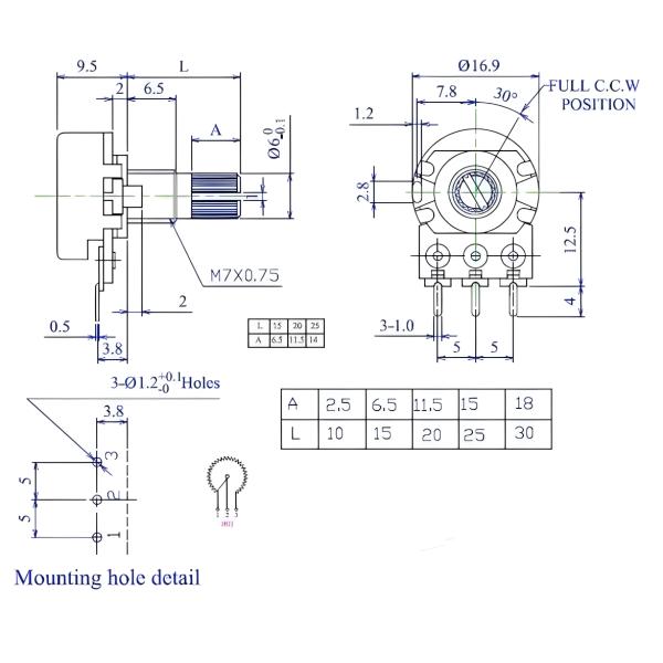 Taper Right Angle Rotary Potentiometer WH148 Linear Potentiometer B500K