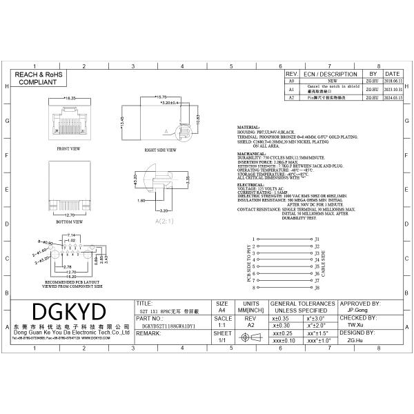 180 Degree RJ45 Vertical Interface With Shielded Mesh Socket Without Built-in Transformer DGKYD52T1188GWA1DY1