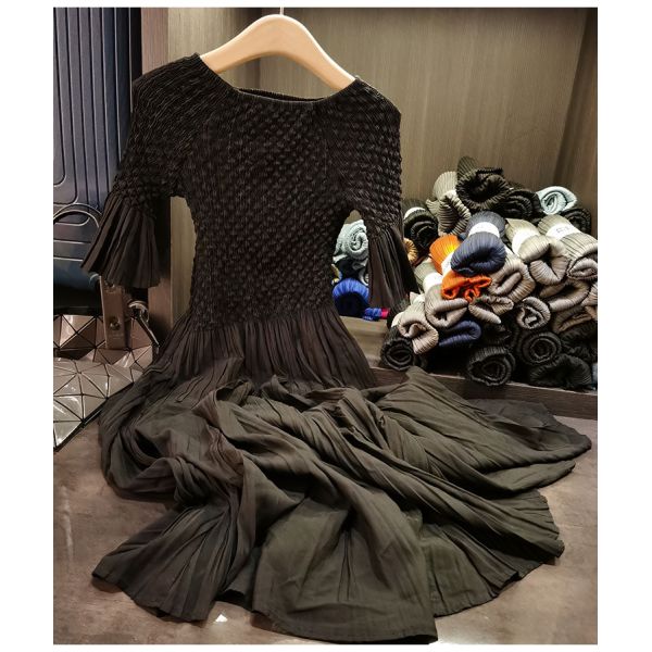 High-End Mid-Length Dress Versatile Temperament with Slimming Effect Solid Color Woven Plain Dyed