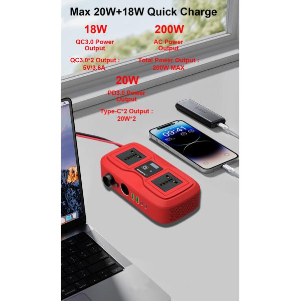 Customized Support SZSSTH Universal Socket Portable 12V 220V 2 AC Outlets 2USB 200W GaN PD Fast Charger Car Power Inverter