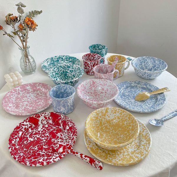 OEM Directly Eco-Friendly Enamel Dinnerware Set Colorful Marble Coating Metal Steel Mug/Bowl/Plate Set