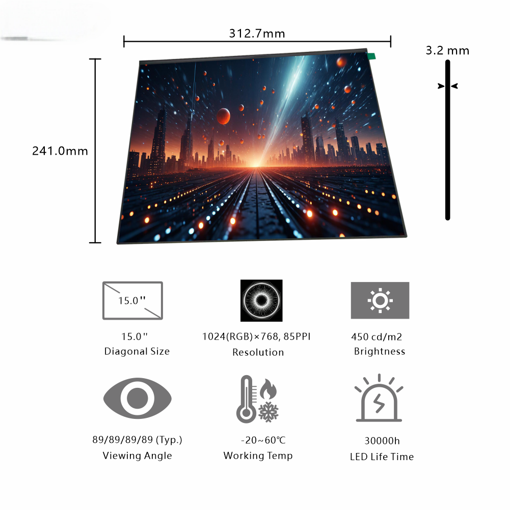 15.0-Inch Large TFT Display | 1024×768 Resolution, LVDS Interface, 400cd/m² Brightness for Industrial Control Panels & Equipment Monitors