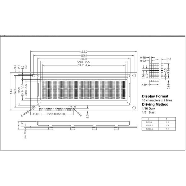 5.0V Character Negative LCD Module FSTN Monochrome 16X2 STN