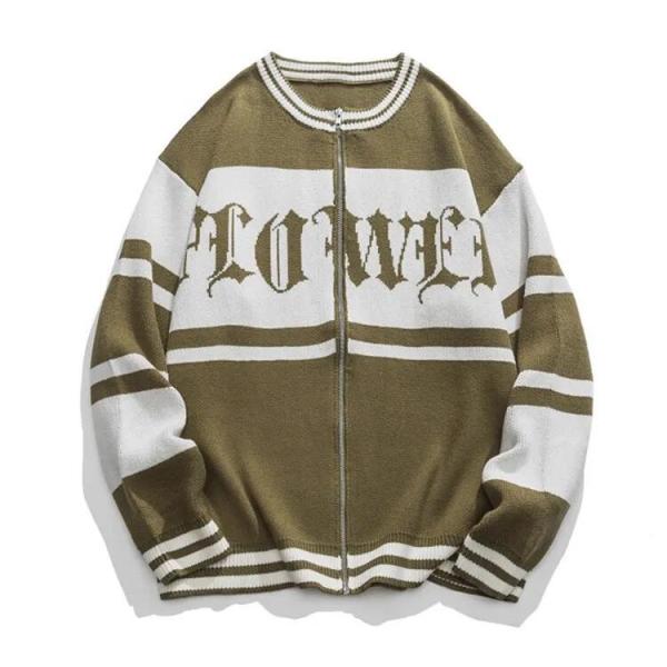 Men′s Knitted Zipper Cardigan Partial Jacquard Letter Craft Pocket Long Sleeve Knitted Coat Sweaters