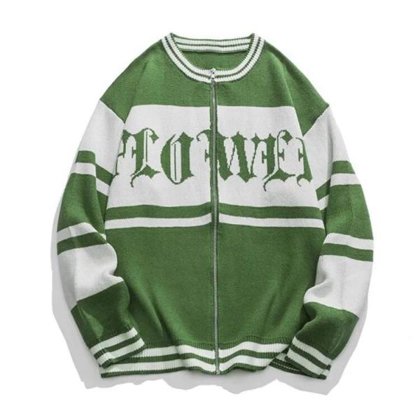 Men′s Knitted Zipper Cardigan Partial Jacquard Letter Craft Pocket Long Sleeve Knitted Coat Sweaters