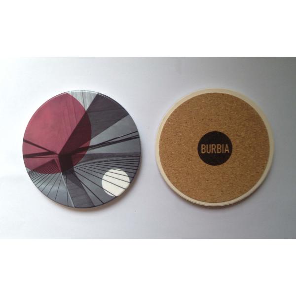 Round ceramic coaster with cork backing and UV printed/ silkscreen logo