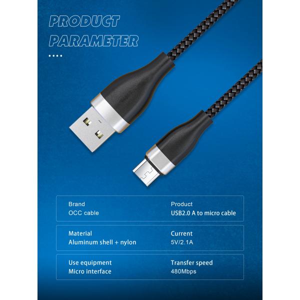 Nylon 3.3FT Black 480Mbps Micro Data USB Cable For Mobile Phone