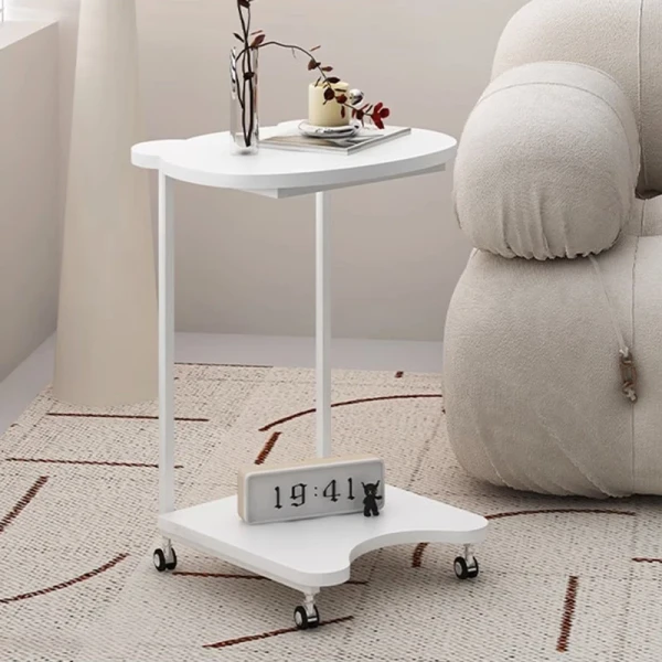 Movable Sofa Side Table, Small Modern Coffee Bedside with Wheels, C Shaped End for Couch and Bed
