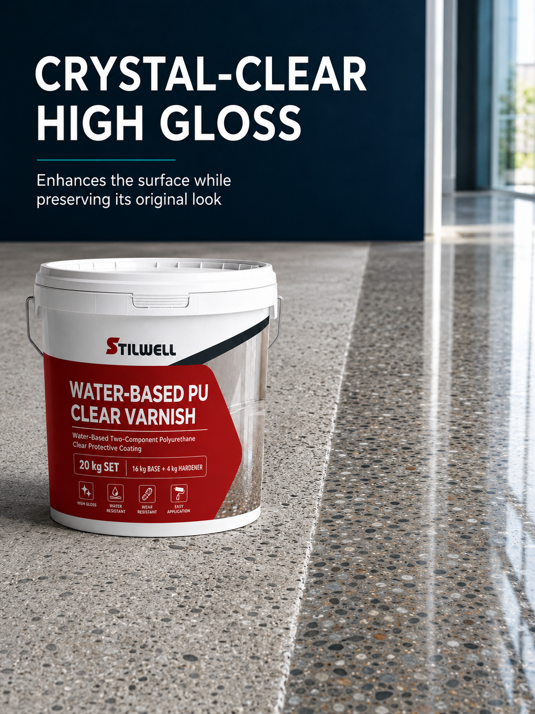 Water Based PU Clear Varnish Two Component High Gloss Transparent Protective Coating for Epoxy Floors
