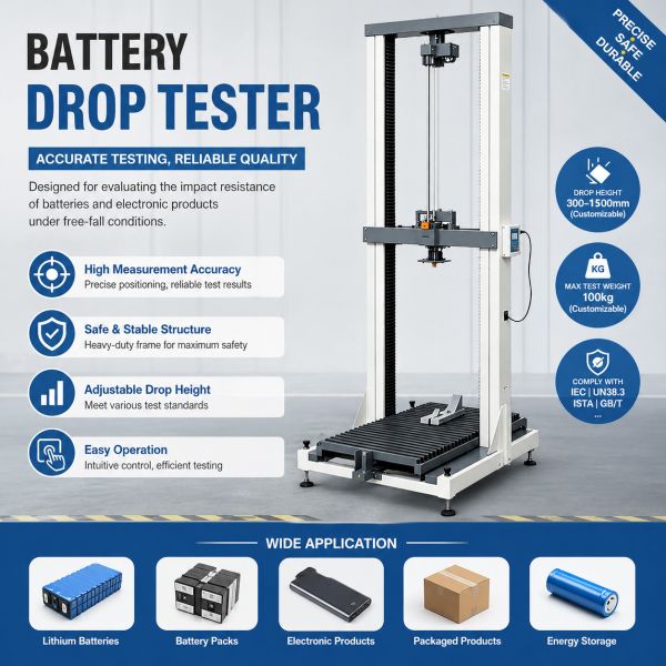 Battery Drop Test Machine for Lithium Battery Impact Testing | Adjustable Free Fall 400–1500mm | Pneumatic Clamping | IEC 62133 & UN38.3 Battery