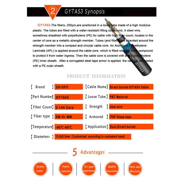Singlemode Multimode Fiber Optic Cable GYTA53 12 24 48 64 96 Core For Communication