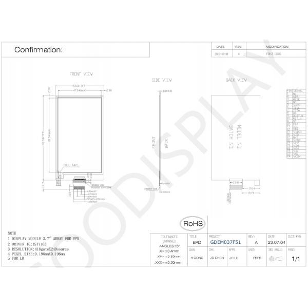 3.7'' 4 Color 416*240 IST7163 Based E-paper Display EPD