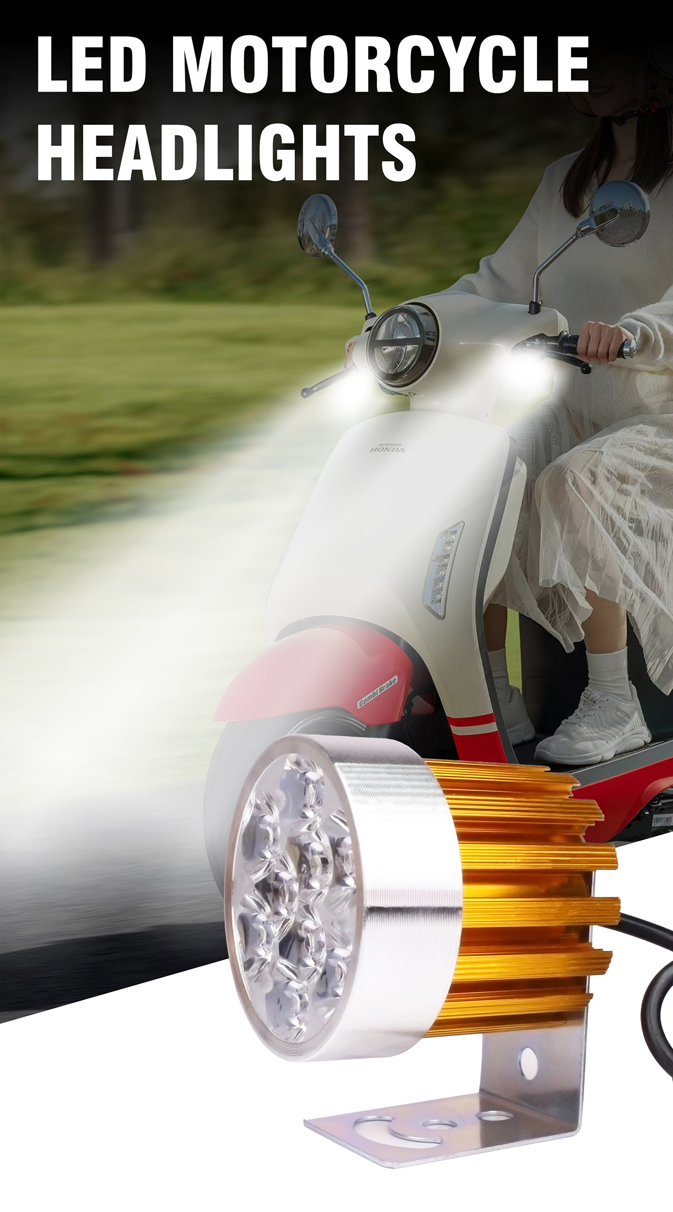 9~80V Motorcycle External Spotlight Single White Light Smart Temperature Control