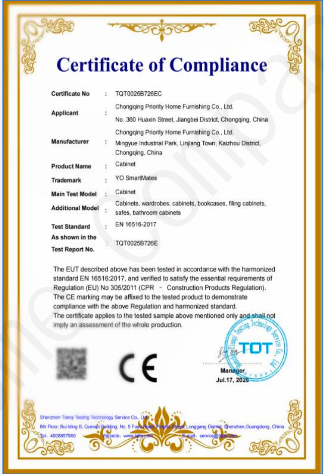 Certificate of Compliance - EN 16516:2017 test report for YSM interior door products