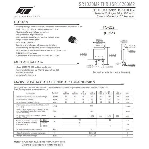 Silicon 10A 45V Schottkky Barrier Rectifier Diode with TO-252 Package SR1045M2