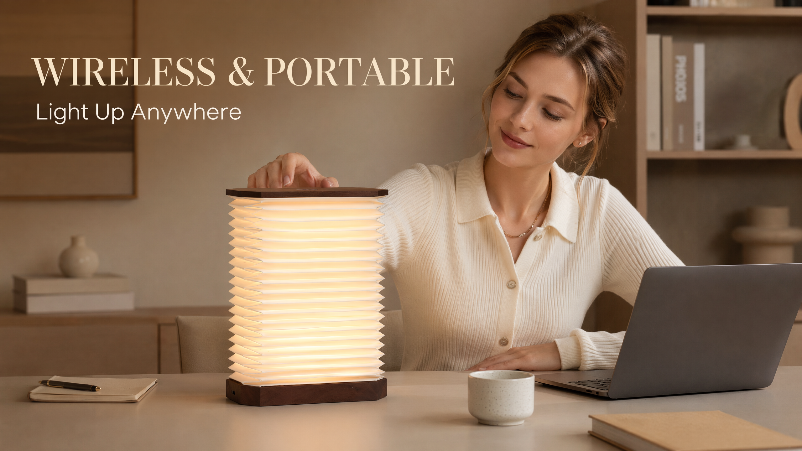 Solid Hardwood Base Rectangular Folding Paper Light Vertical Expandable Lamp with Premium Paper Shade USB Rechargeable