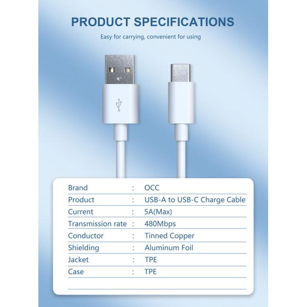 White Quick 5A USB Type C Charging Cable 6FT Long With TPE Plug