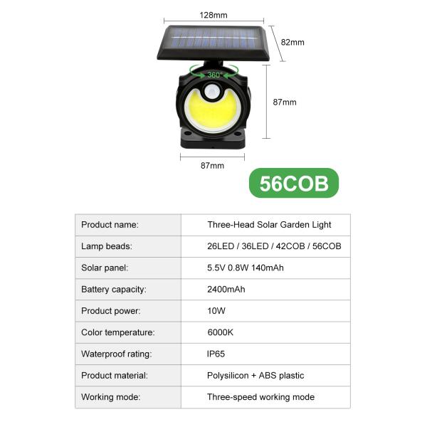 2400mAh 120LED USB Rechargeable Motion Sensor Light Three Head 140COB