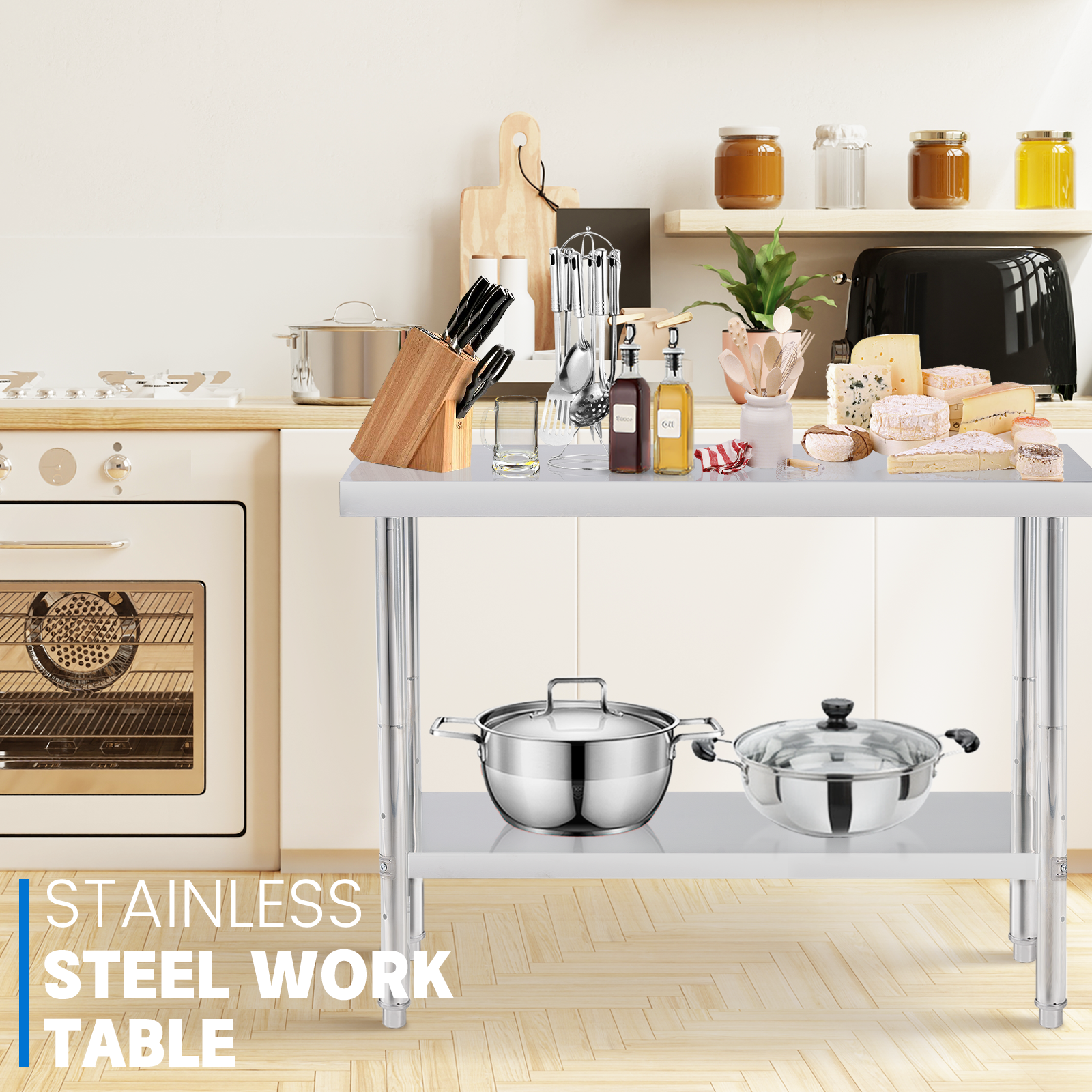 Double-layer Stainless Steel Work Table with Durable Construction and Customized Size for Commercial Kitchen