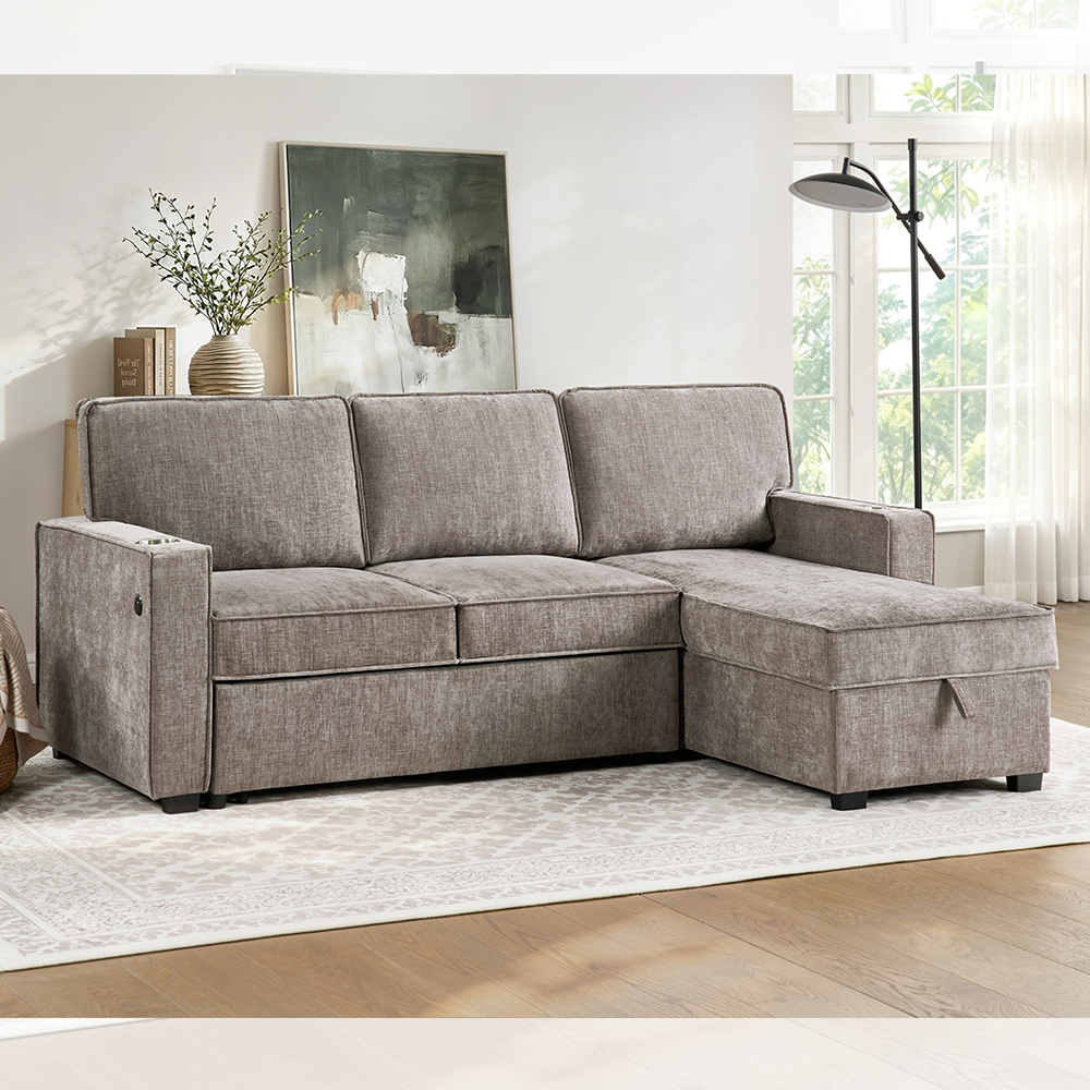 L-Shaped Reversible Sectional Sleeper Sofa with Pull-Out Bed and Dropdown Table and Storage, Light Brown Gray Chenille