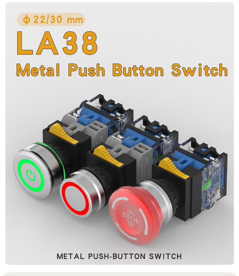 LA38 emergency stop button switch with light, self-locking and self-reset, ring light, 10A high-current power emergency stop button