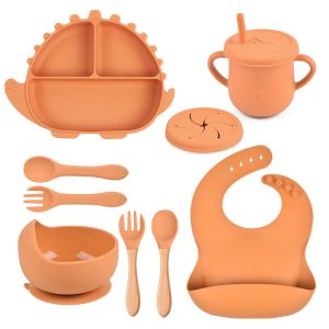 Quality Dinosaur Silicone Feeding Set orange Suction Bowl Weaning Durable for sale