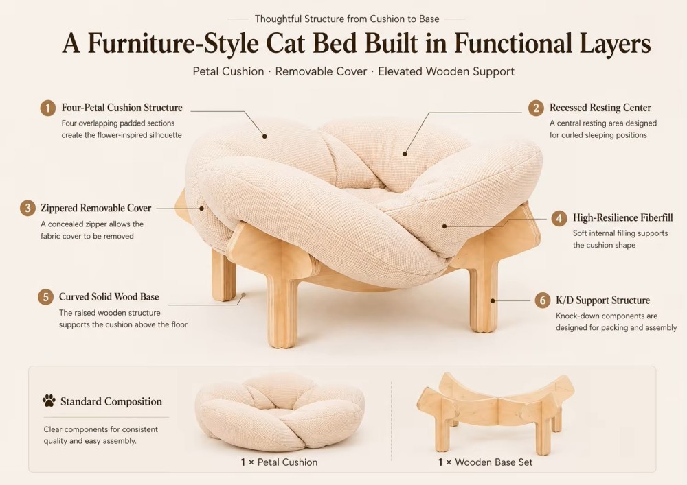 Eco-Friendly Sturdy Solid Wood Frame Elevated Cat Bed With Removable Washable Cover
