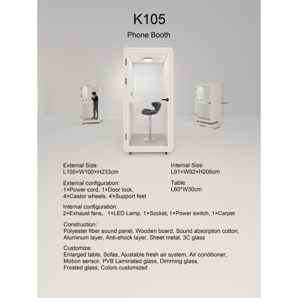 Soundproof Booth with STC45dB Sound Insulation LED Lighting System and Wheelchair Accessible Office Pod