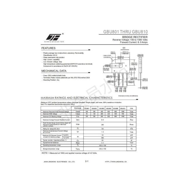 GBU810 8A/1000V Bridge Rectifier Diode for Performance and Stable Planar Structure