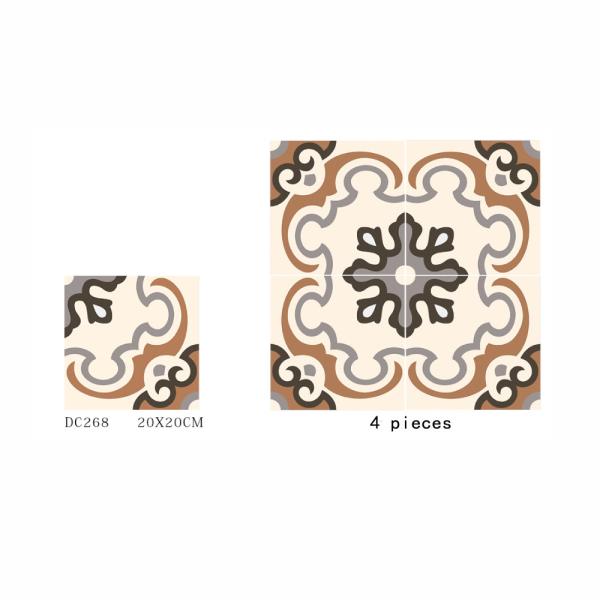 20x20cm Floral Ceramic Rustic Tile in Beige Orange Gray