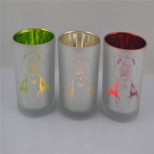 China glass cylinder candle holder with patterns,Electroplate Christmas candle glass on sale